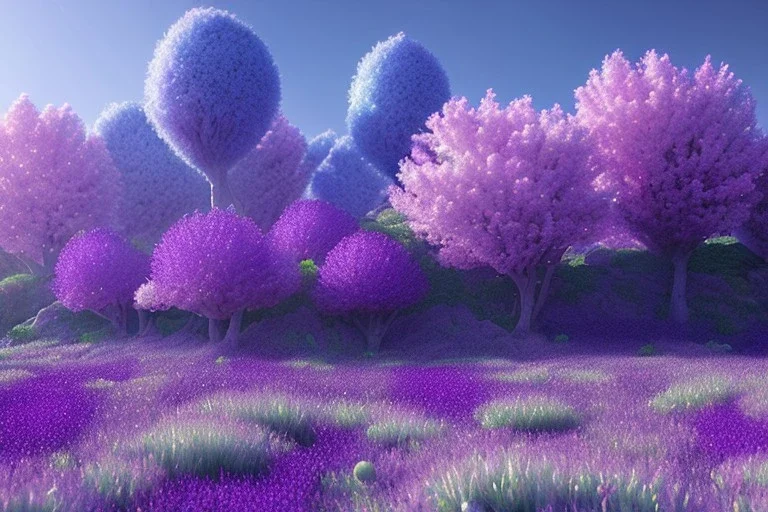 monde en fleurs bleu pink,blue lake, concept art, crépuscule , trees bleu pink violet oranger, vibrant Color, réaliste, crocus