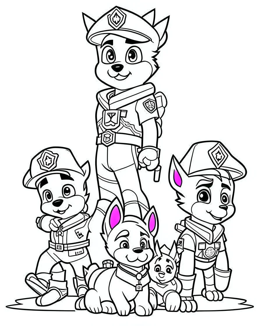 outline art for Paw Patrol Friends coloring page, Japanese manga style, cartoon style, cute face, white background sketch style, full body is a must, only use outline, clean line art, no shadow, bold outline