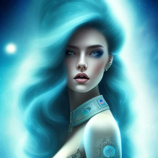 beautiful woman with long hair look the stars and northern aurora blue turquoise lights, blue, pink,