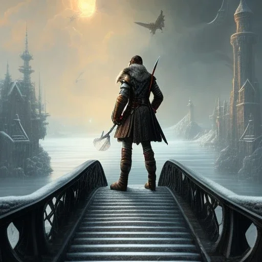 fantasy art, book cover, big shiny wizard in front of the ebony stairs of a bridge or dam ,icy water, on the bridge is a wolf, there is also a hawk sitting on his shoulder