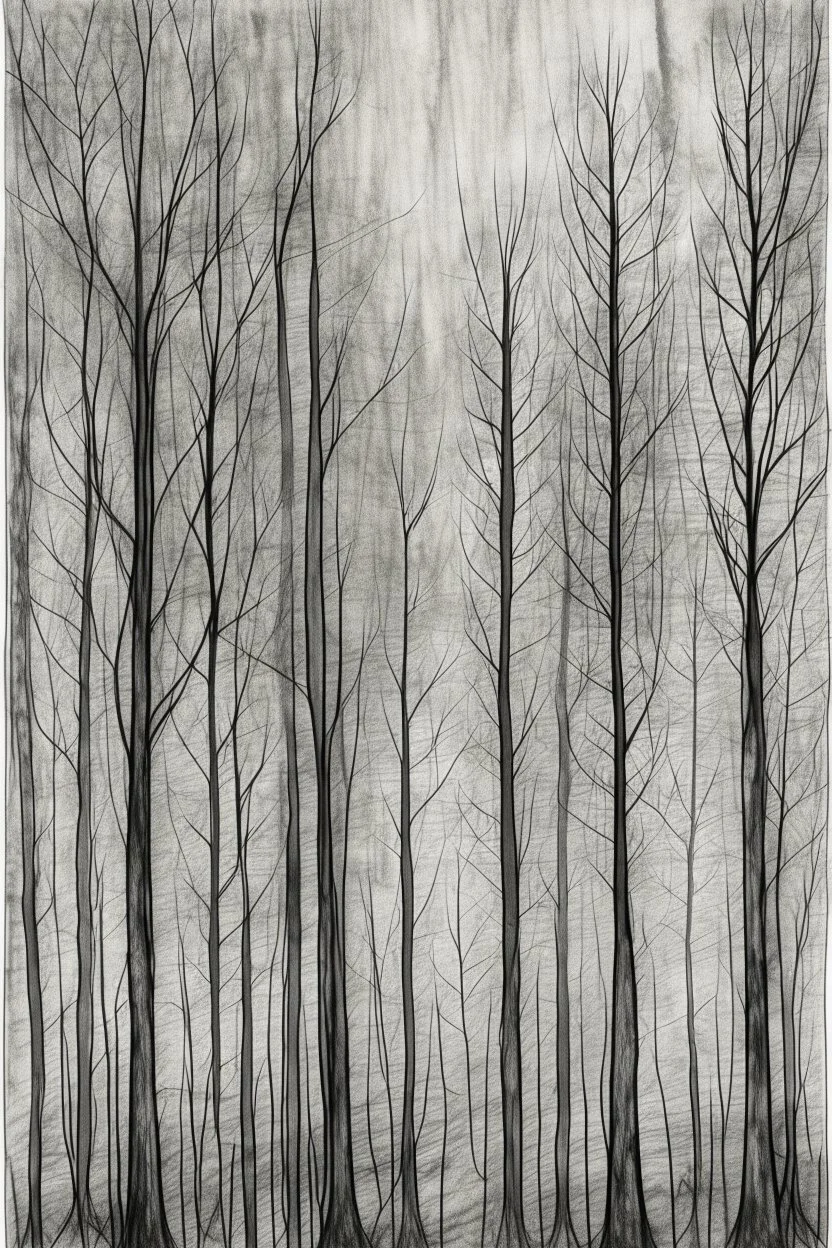 Minimalist rough abstract dusty Charcoal drawing of trees on a textured gesso background.