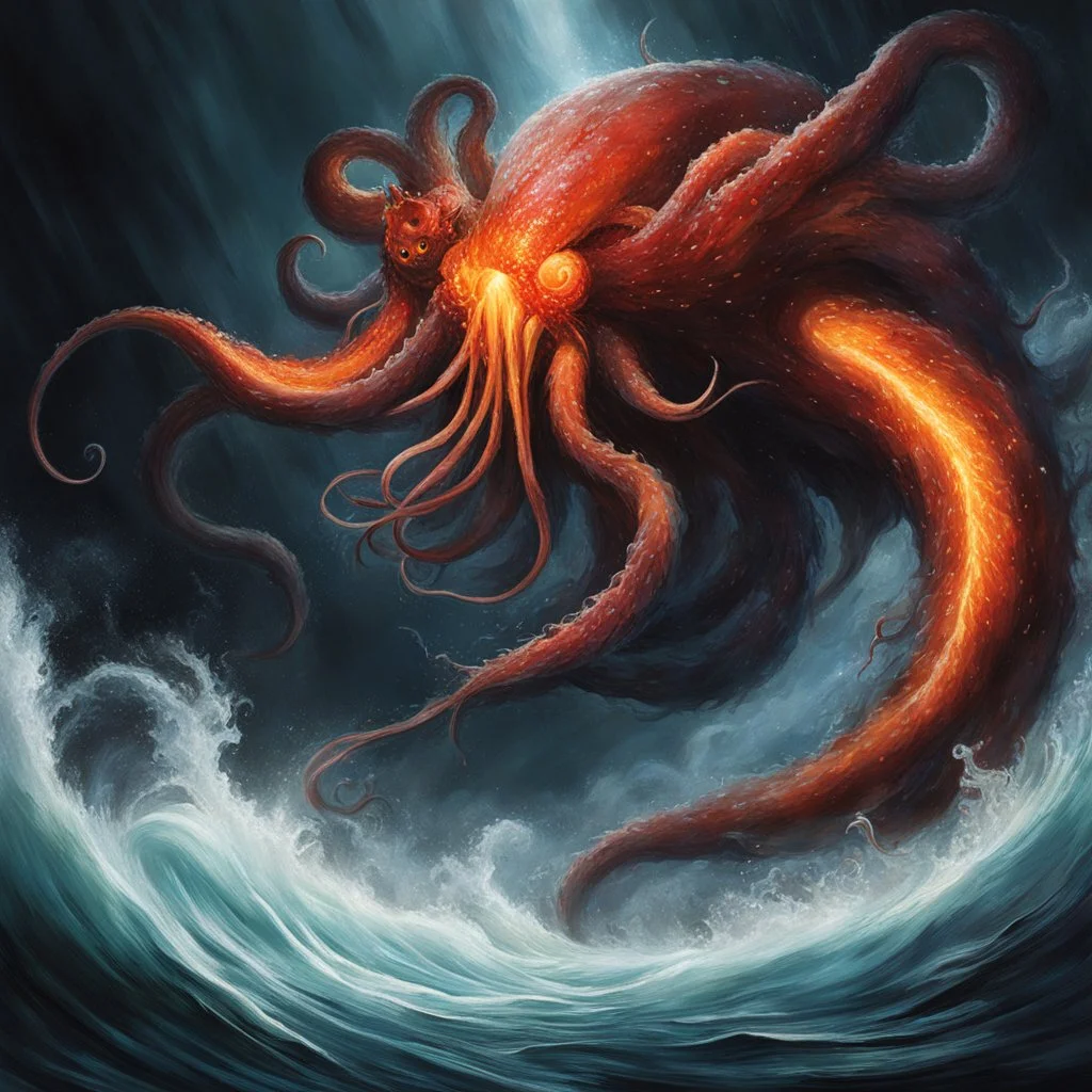 The squirming tentacles of the Giant Squid coil around the Balrog, attempting to ensnare it within their slimy grasp. But the Balrog, infused with an infernal resilience, resists the suffocating embrace, its whip slashing through the water, its fiery lash searing the flesh of the cephalopod. Each strike reverberates through the cavern, a symphony of clash and sizzle. The battle rages on, the clash of elemental forces echoing through the cavern's depths. The Giant Squid, with its immense strength