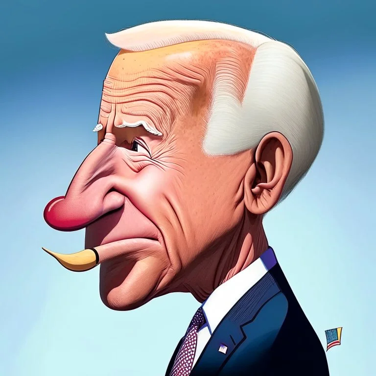 Caricatura de Joe Biden con una naríz extra larga como la del muñeco Pinocho