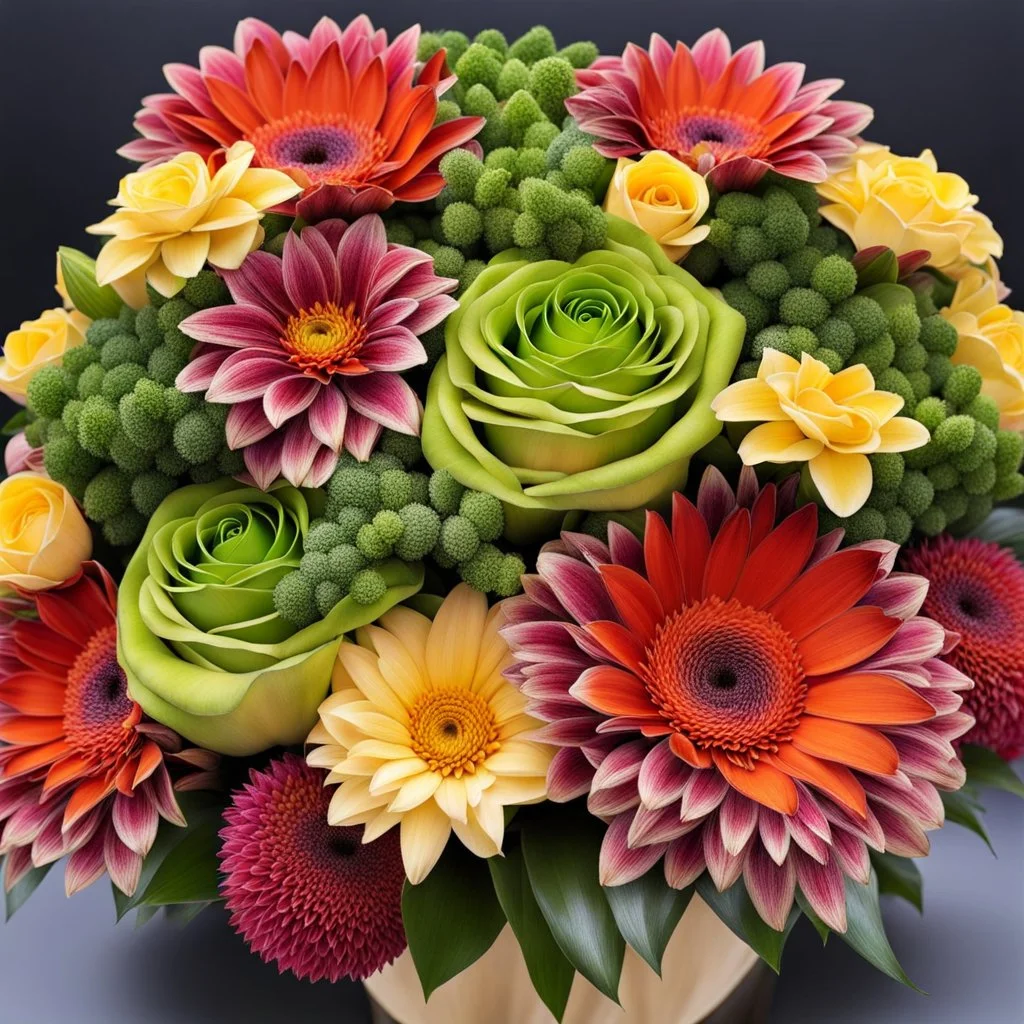 a stunning colorful flowers bouquet with green plants decoration between the flowers, high cualtiy, detailed, sharp focus, fantasy, nice flowers, photorealistic, masterpiece