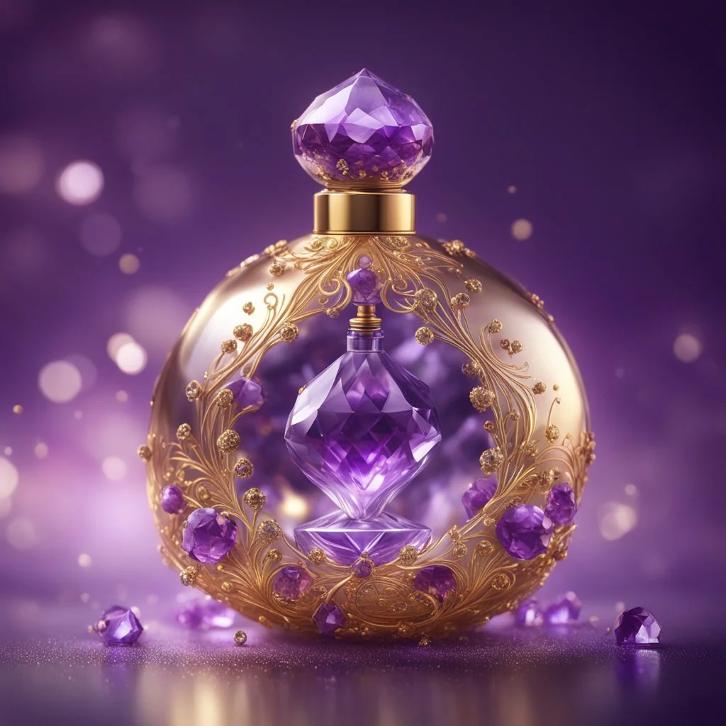 Golden round perfume bottle with purple crystal cap and small purple decorations. Illustrative art, art interpretation, concept art, cgsociety contest winner, seasonal art, seasonal art HD, 4k, 8k, intricate, detailed, intricately detailed, luminous, translucent fantasy crystal, holographic data, soft body, shadow play, light, fog, atmospheric, cinematic, light film, hyper-detailed, hyper-realistic, masterpiece, atmospheric, high resolution, 8k, HDR, 500px, mysterious and artistic digital art, p