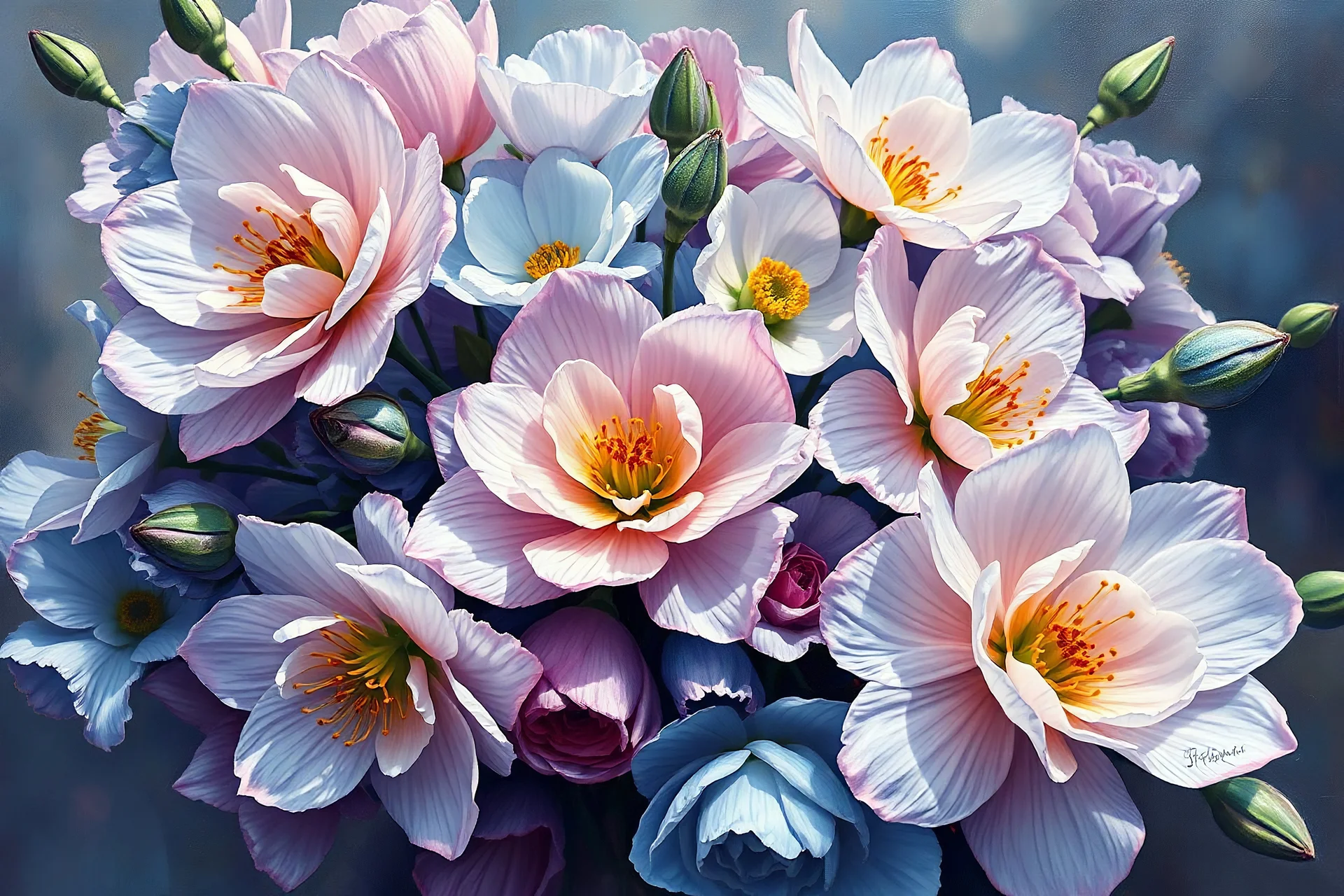 art by josephine wall,digital painting, oilpainting, intricate,breathtaking,georgious, hyperdetailed,centered arrangement,,very beautiful spring flowers,various shades of soft blue , full seen und, 4k, masterpiece, serene composition,