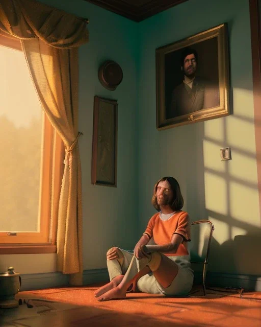 Room scene with sit woman, Wes Anderson style, realistic photo, concept art, smooth, unreal engine 5, god lights, ray tracing, RTX, lumen lighting, ultra detail, volumetric lighting, 3d.