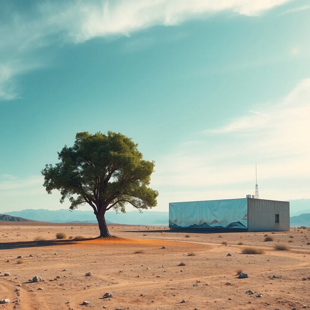 Photograph, wasteland, bright reflective aluminum cover, limit of the world, Truman show, tree, brutalist concrete architecture, sky, polvere, red spot, open air museum style, blue wire, apparecchi elettronici, powder, punto, minimalist, details of the dust very accentuated, deep 3d field