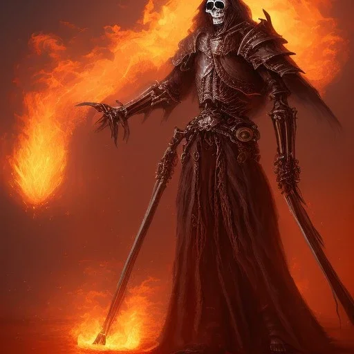 A skeleton man with fiery eyes and a dark leather dress and a long black cloak sitting on a big, skeletal and fiery horse, full HD, 4K, 8K, magical, fantasy, 3D, symmetrical, detailed and complete painting