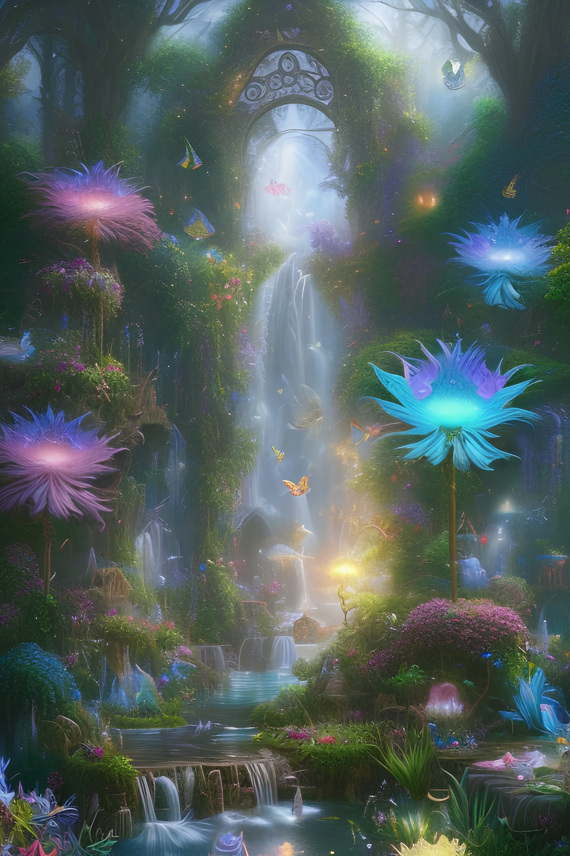 Paradise garden, unicorn, bright magic art, splash art, high quality, 8k, digital painting, glitter, waterfall, greenery, butterflies, birds of paradise, gnome's house, trending on artstation, sharp focus, studio photo, intricate details, highly detailed, by greg rutkowski