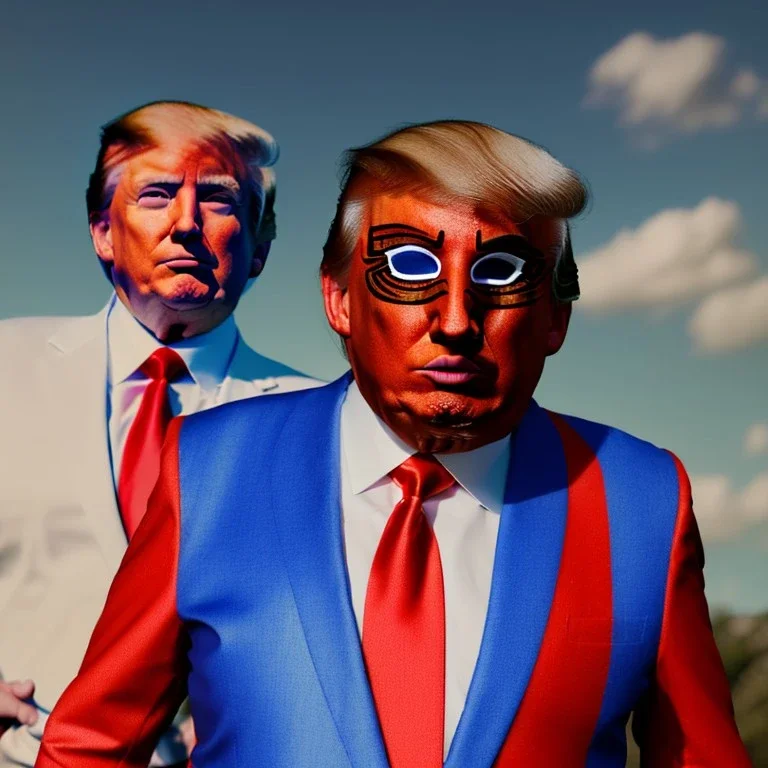 realistic image of donald trump as a mexican wrestling fighter posing outdoors, Mexican eyes wrestling mask, red and blue breeches, suspenders, retro style, 80s, vibrant color, highly detailed, sky background, concept art, unreal engine 5, god rays, ray tracing, RTX, lumen lighting, ultra detail, volumetric lighting, 3d, finely drawn, high definition, high resolution.