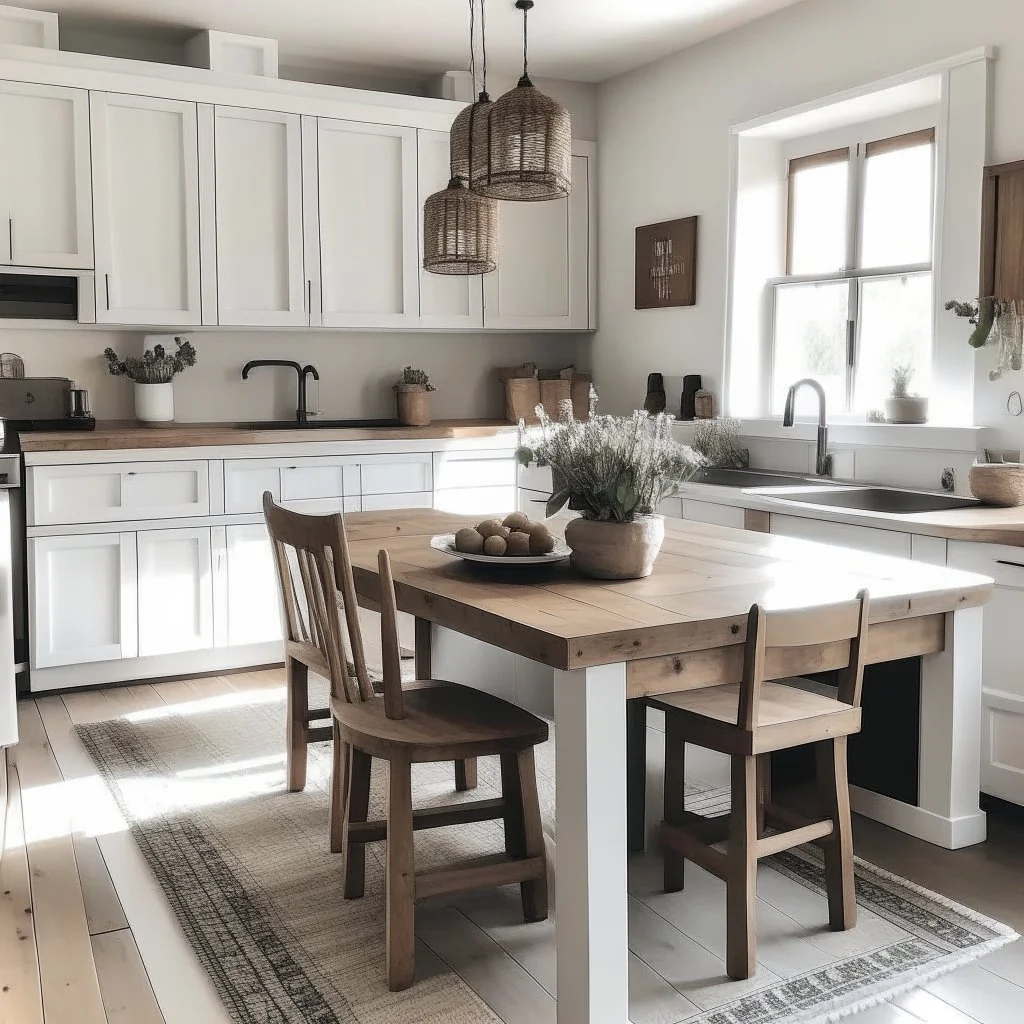 A farmhouse chic kitchen with white cabinets, wood accents, and a farmhouse table.