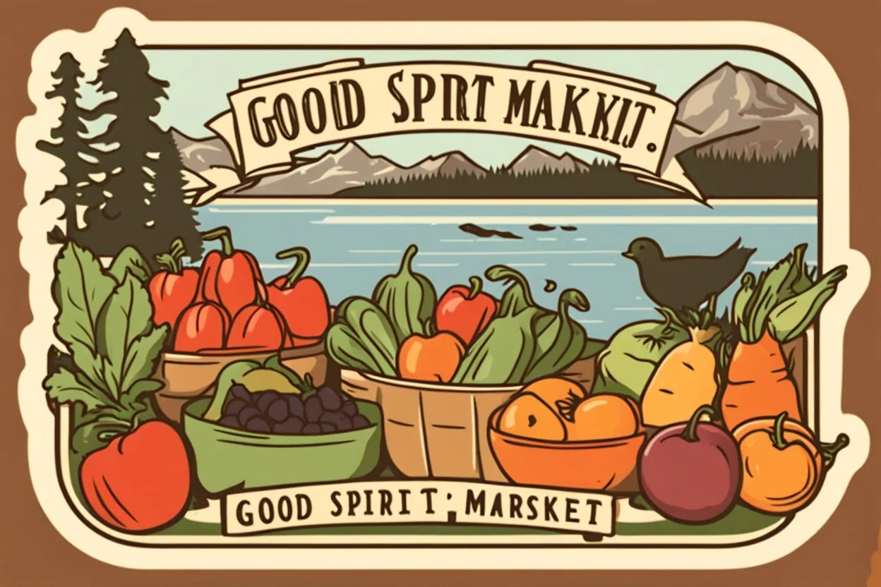 Stickers for a lakeside farmers' market "Good Spirit Market" in a national parks sticker style, featuring illustrations of fresh produce