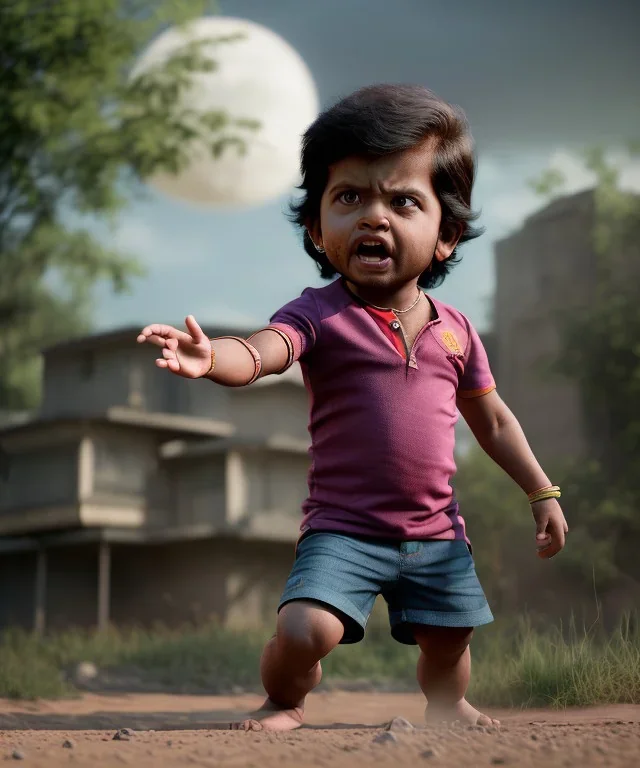 Raj kootrappali toddler, full body, dramatic lighting, angry, hyper realistic,