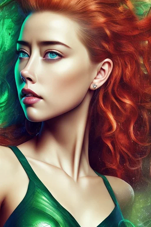 portrait head Amber Heard Aquaman curly red hairs in the green sea