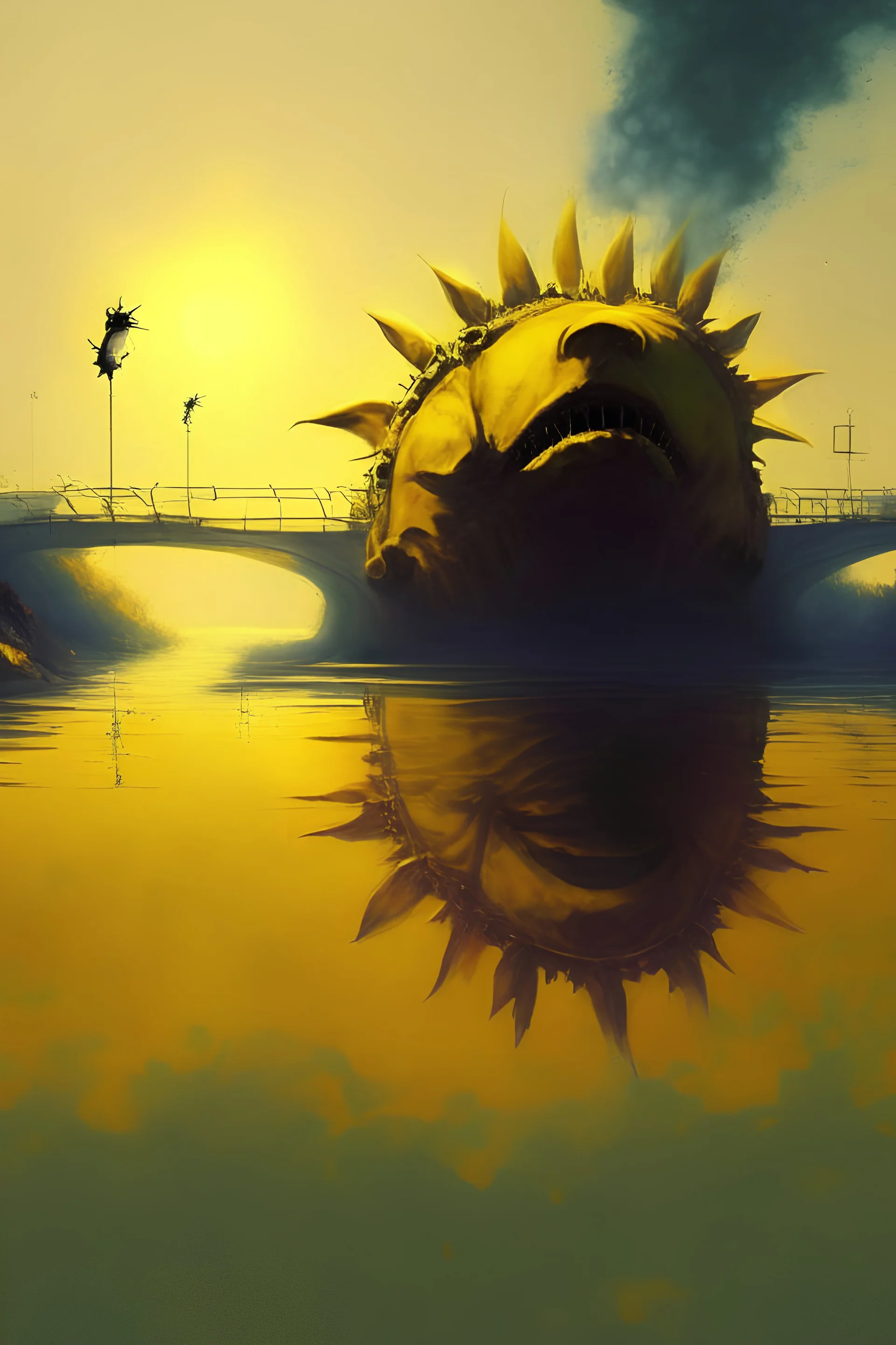 yellow water of lake with bridge of sunflowers and tanks and in fuggy sky with dim sunlight