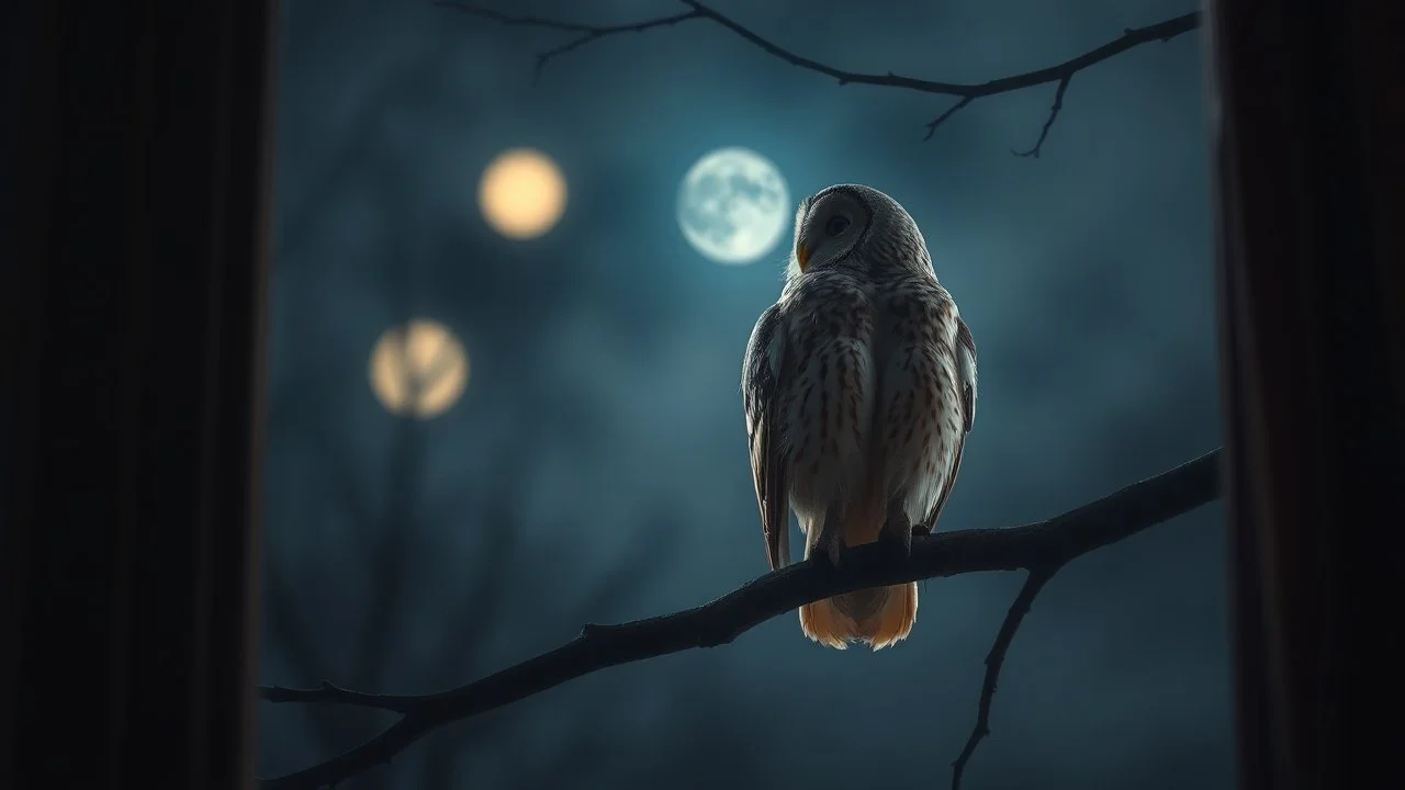 back to the camera a barn owl sitting on a tree branch close the window and looks in through the window into the room, night, thriller, fog, mystic, moon, high detailed, sharp focuses, photorealistic, cinematic, dramatic vibe