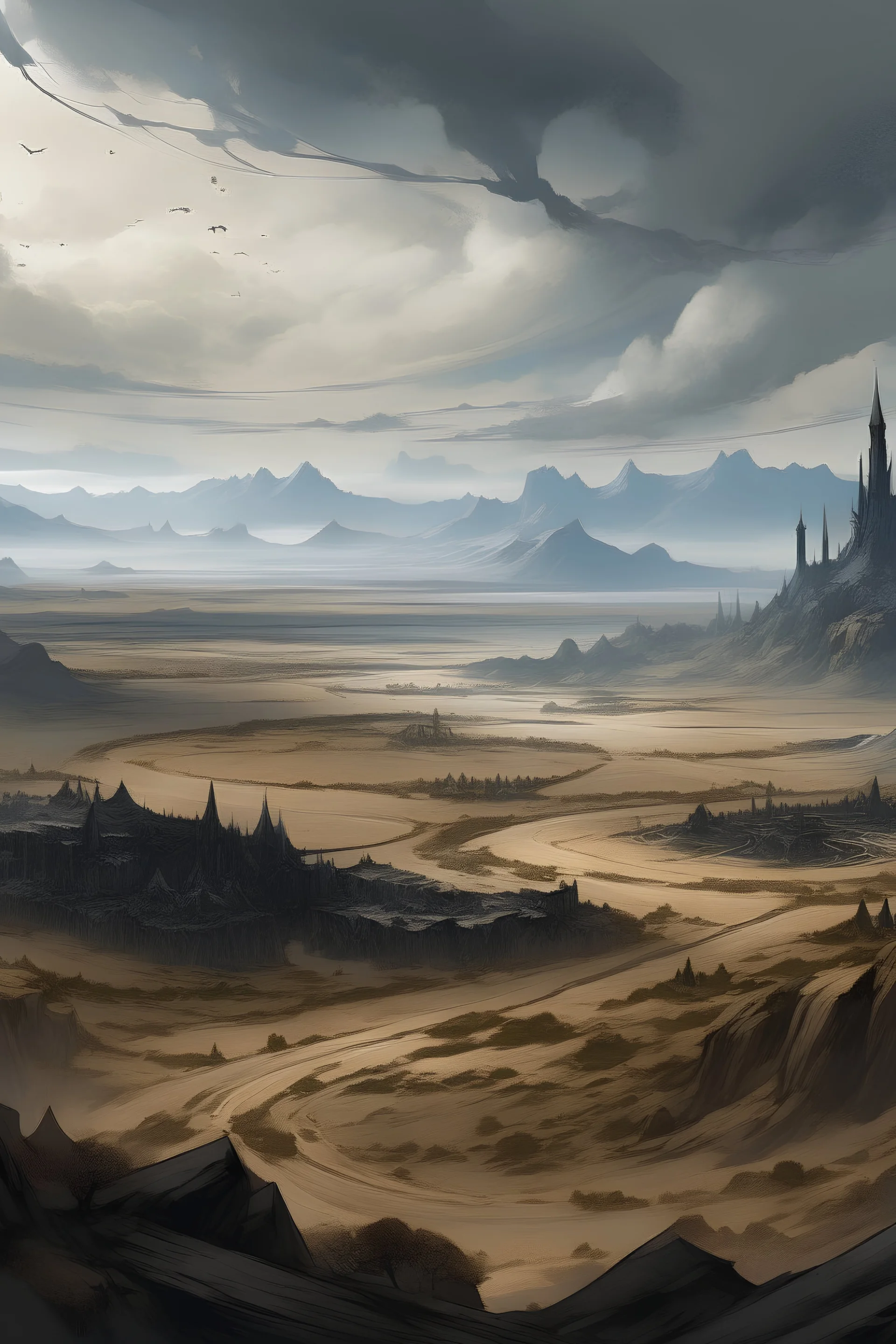 Landscape image of Luthadel from the mistborn series during daytime with an ashfall