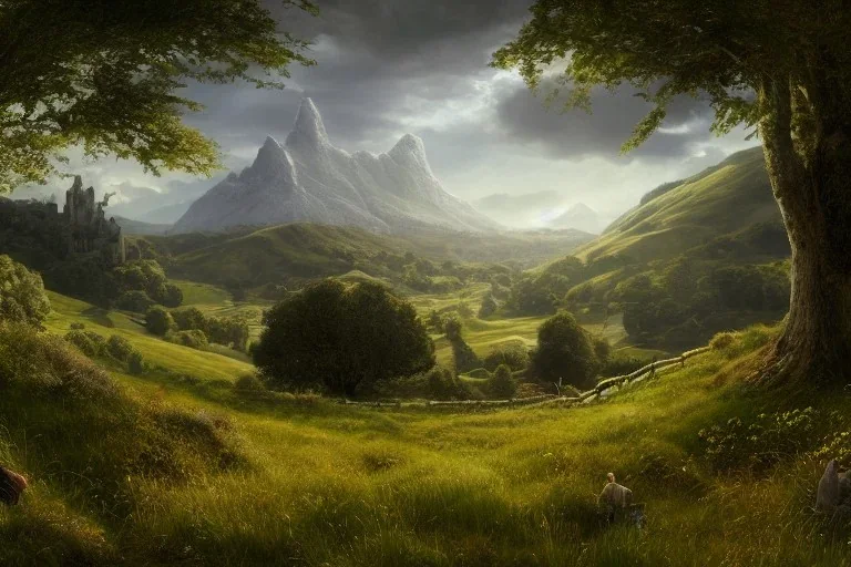 the shire, beautiful scenic landscape, lord of the rings, wide angle, super highly detailed, professional digital painting, artstation, concept art, smooth, sharp focus, no blur, no dof, extreme illustration, unreal engine 5, photorealism, hd quality, 8 k resolution, cinema 4 d, 3 d, beautiful, cinematic, art by artgerm and greg rutkowski and alphonse mucha and loish and wlop