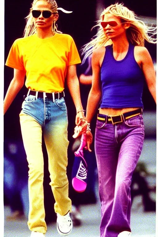 year 1996 denim fashion. Loose fit, low waist, baggy. Colors: denim blue, blue, purple, khaki, light green, lilac, plum, orange, terracotta, red, light yellow, lion yellow, pink, dark blue, beige. Women models. Jennifer Lopez, Kate Moss, Gwyneth Paltrow. Big tennis shoes on.