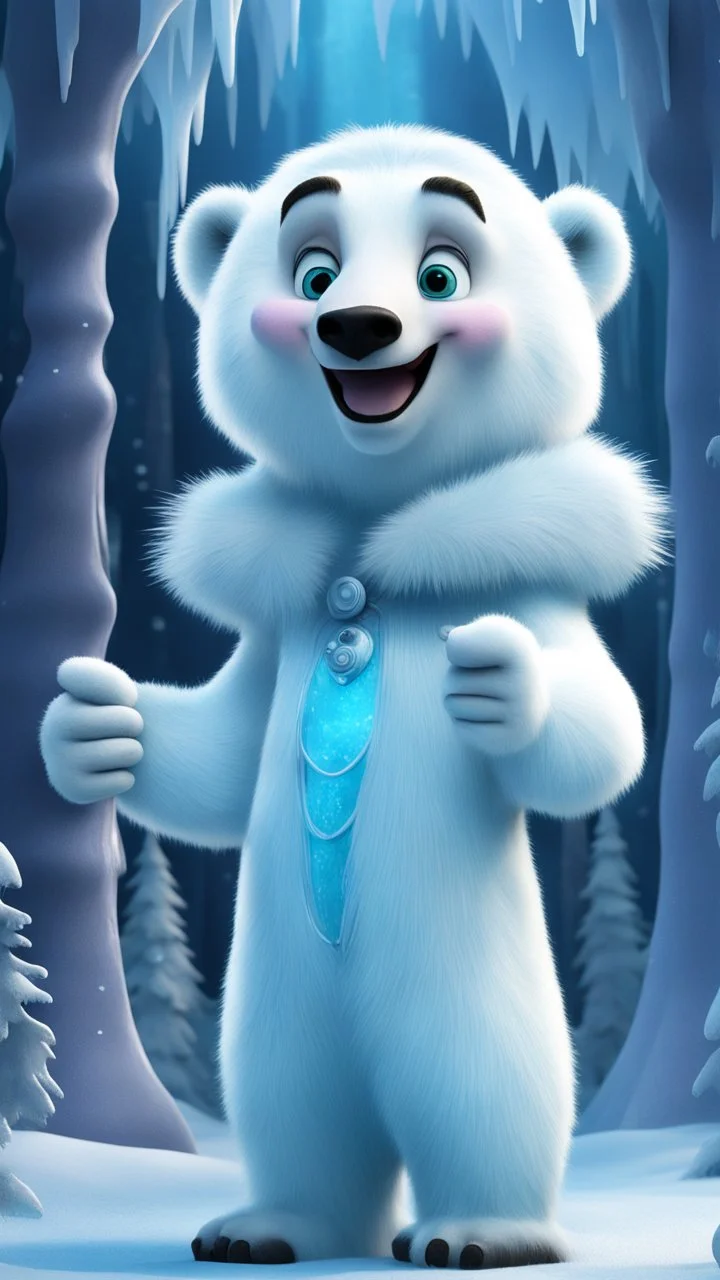 Liza from frozen as a polar bear clown angel showing thumbs up in frozen artic jungle with weird alien towers, in the style of Pixar, expertly crafted in a whimsical and vibrant cartoon style. is masterfully rendered in a lifelike 3D design, which captivates viewers with there irresistible charm.