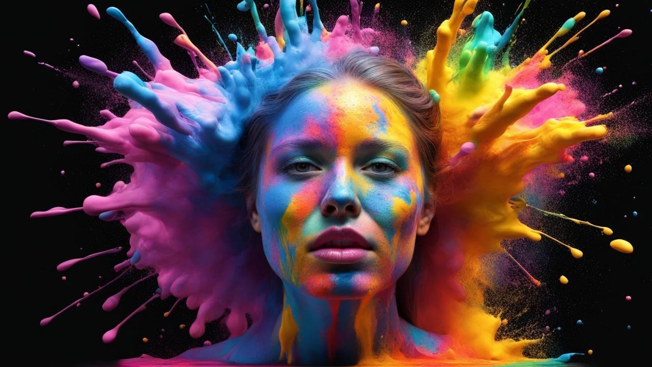 Woman, Colorful paint explosion 3-D, 4K, HDR, resolution, black background