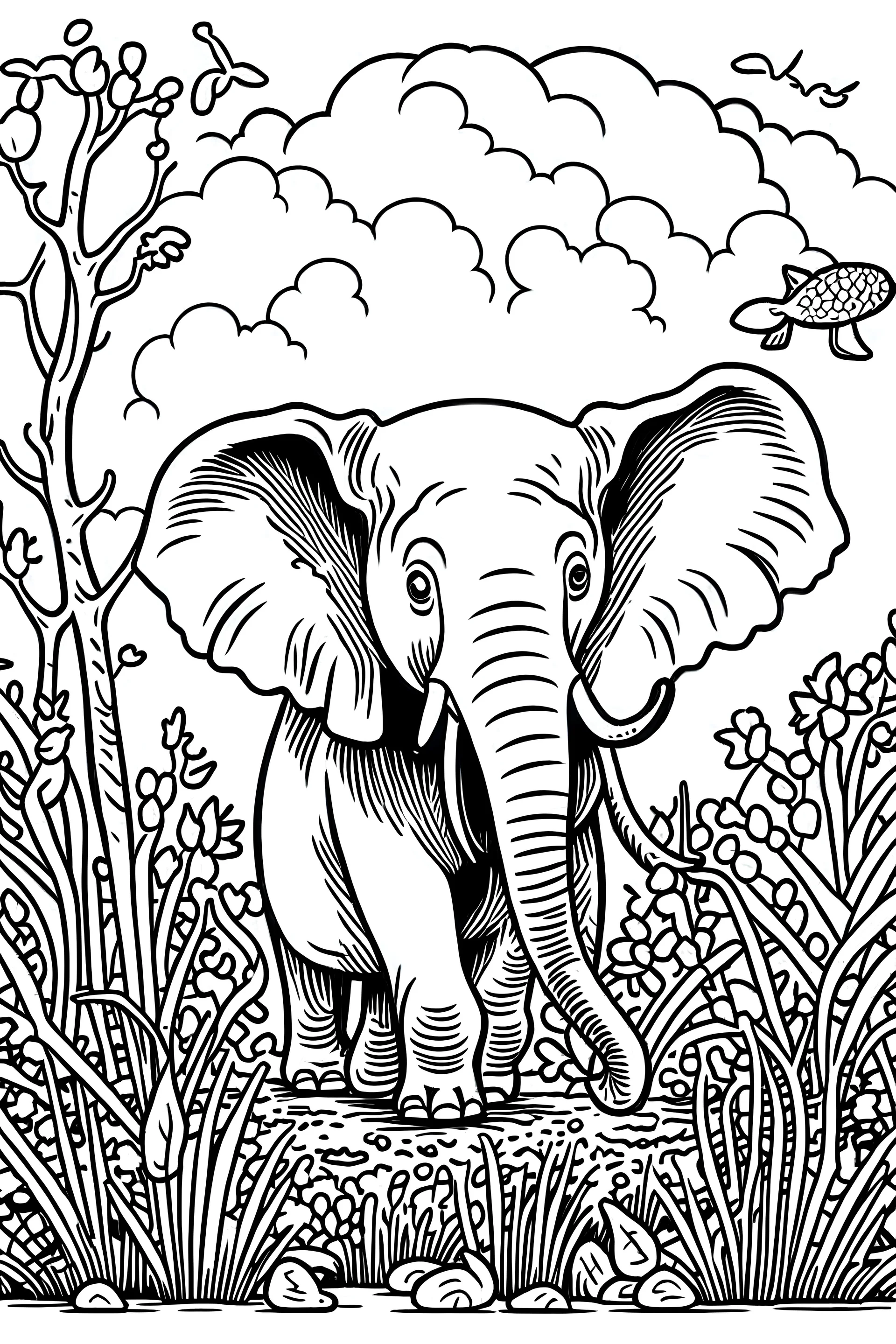 A black-and-white outlined drawing of a wild elephant eating a bunch of bananas from trees for kid's colouring books