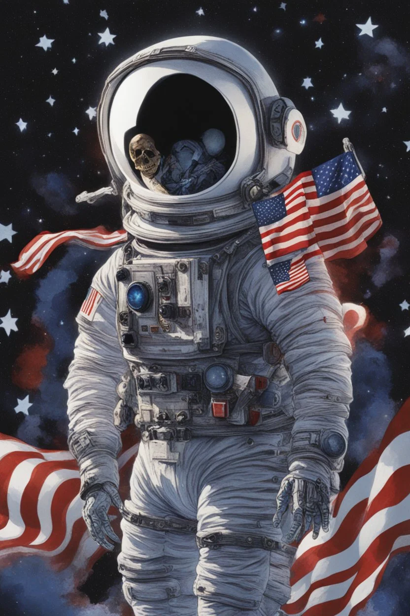 A close up of a skeleton face looking shocked, in an astronaut helmet and suit floating in space. inside the hollow eyes are red shining lights, scary. On his suit is an American flag and in his one hand is a small wavering American flag, on it is written "boned in the USA". From the back of his suit is blowing out blue, white and red smoke. Realistic, 8k, highly detailed, funny