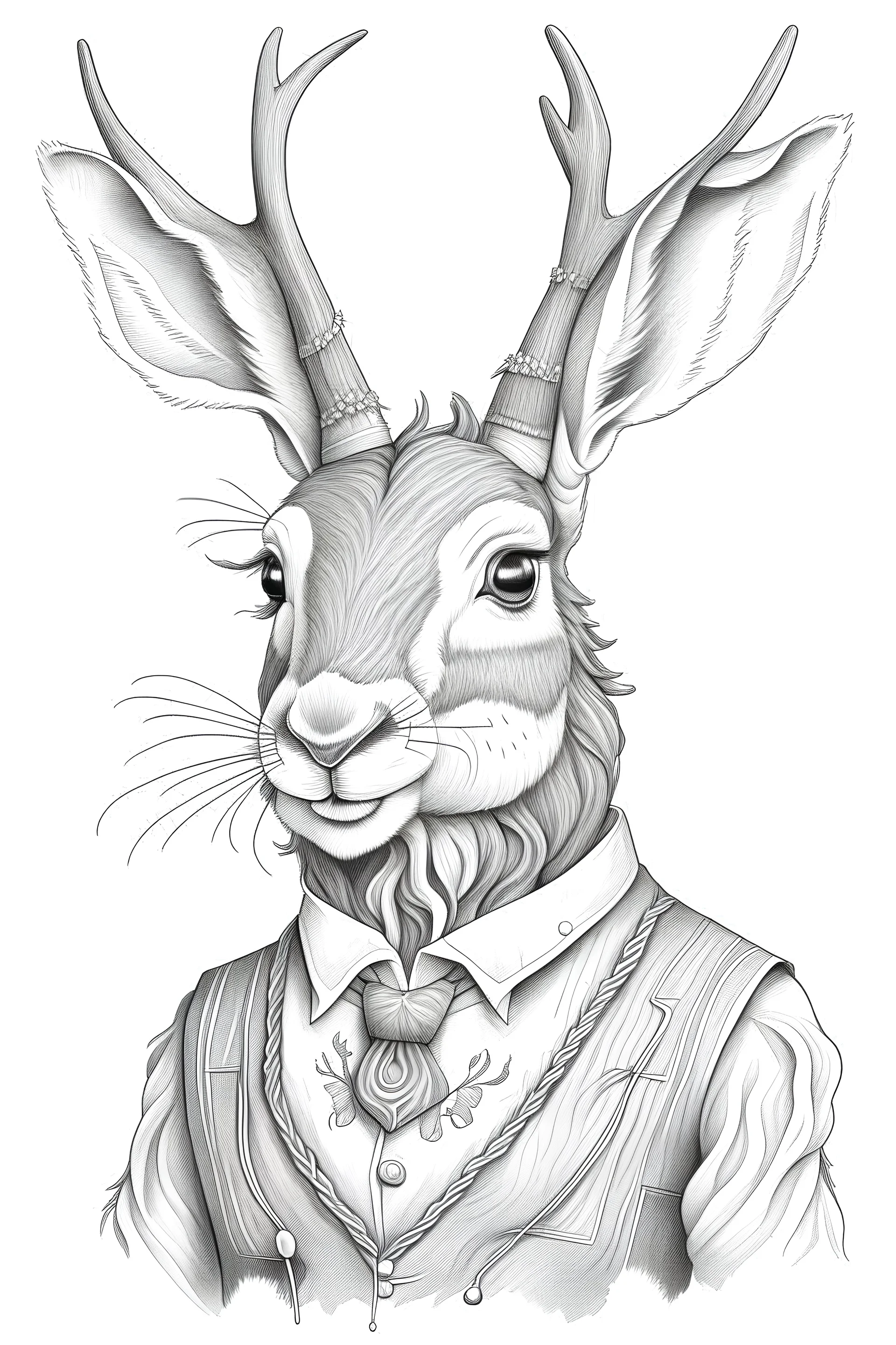 small young jackalope with antelope horns in a western outfit, pencil drawing, emphasize emotion and realism, Walt Disney style