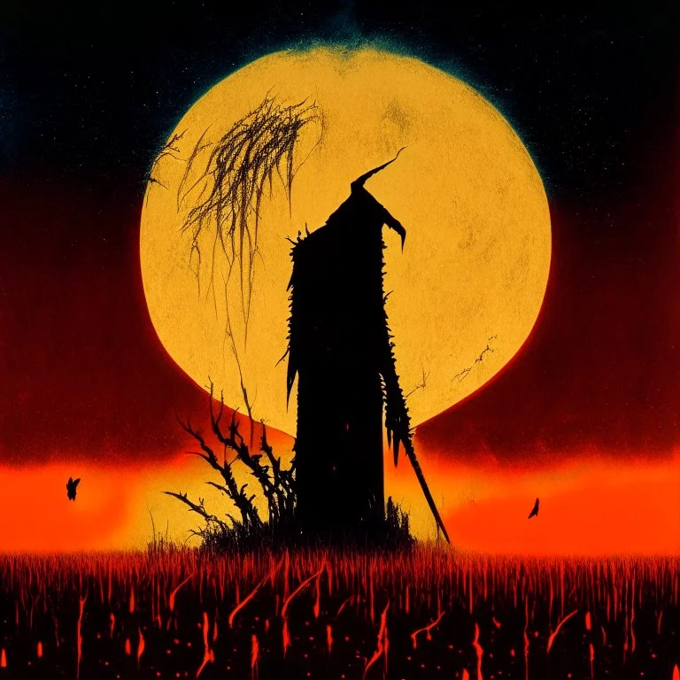 double exposure silhouette of brilliant fantastical cloaked Grim Reaper with red glowing eyes, moon rising over field of cornstalks, dark-gold scythe with red drip, Eldritch aesthetic, by Zdzislaw Beksinski, by Aeron Alfrey, by Russ mills, intricately detailed, complex contrast, dynamic composition; cinematic lighting; meticulously composed concept art, masterpiece, macabre, sinister, grand design