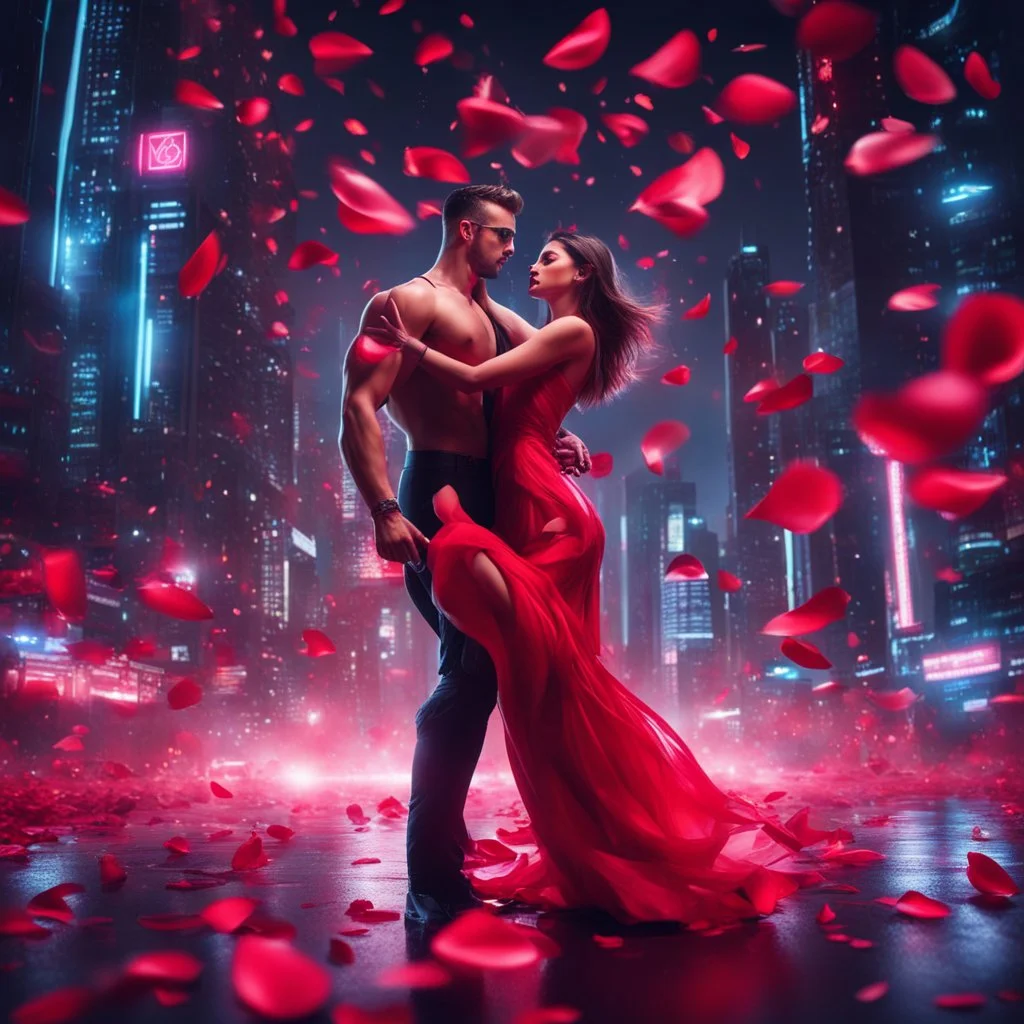 Hyper Realistic handsome muscular guy & a beautiful girl in classy red dress dance in Futuristic City with neon lights & rose-petals at dark night.