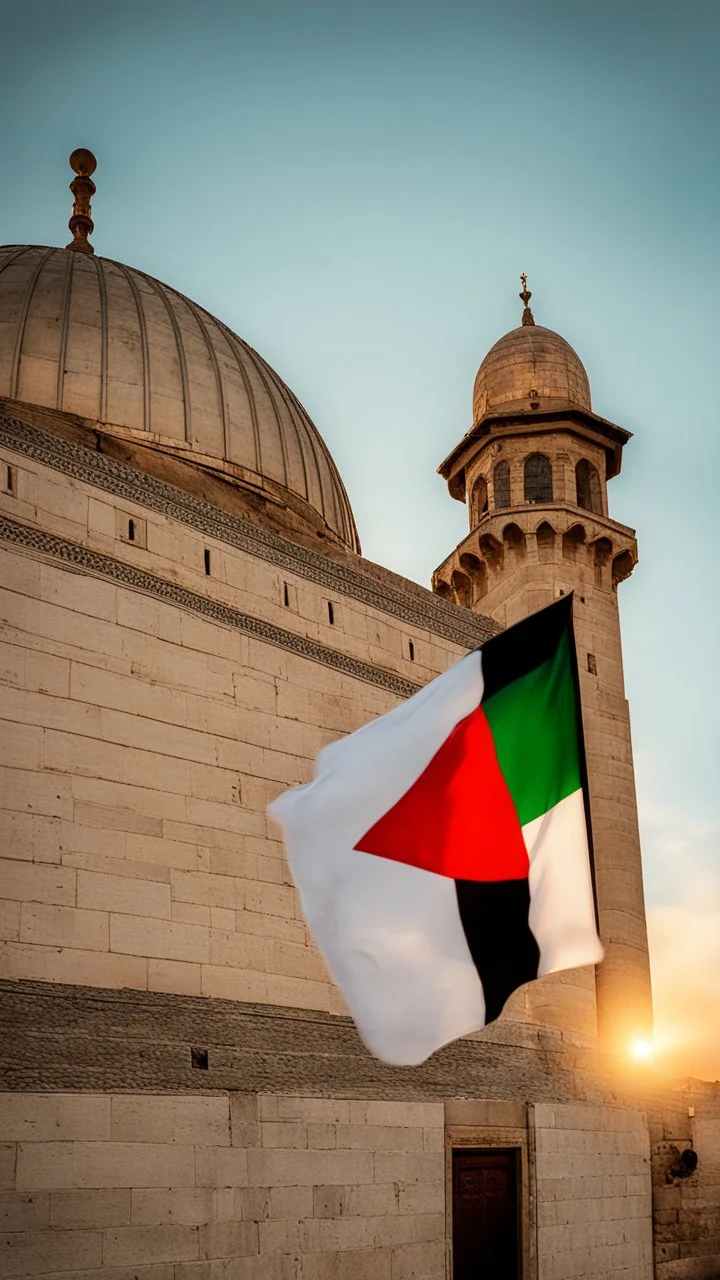 A stunning sunset over Al-Aqsa Mosque, with the Palestinian flag proudly waving in the gentle breeze.