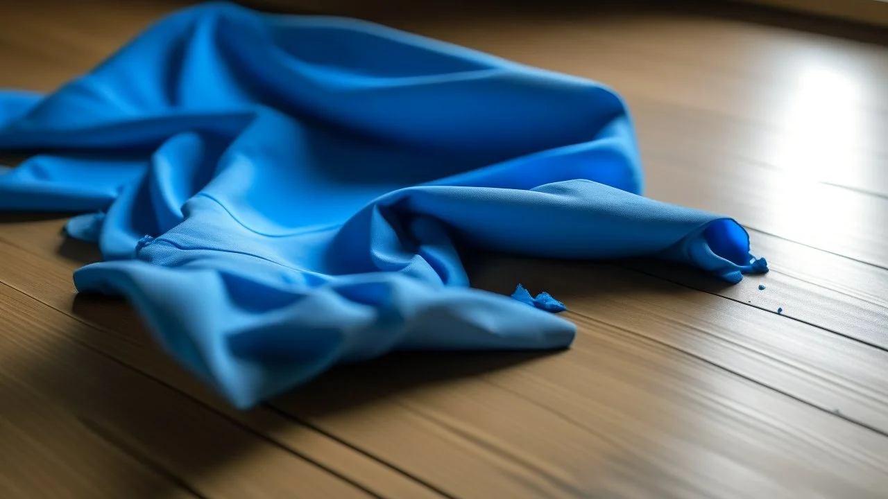 a torn very small blue cloth on the floor