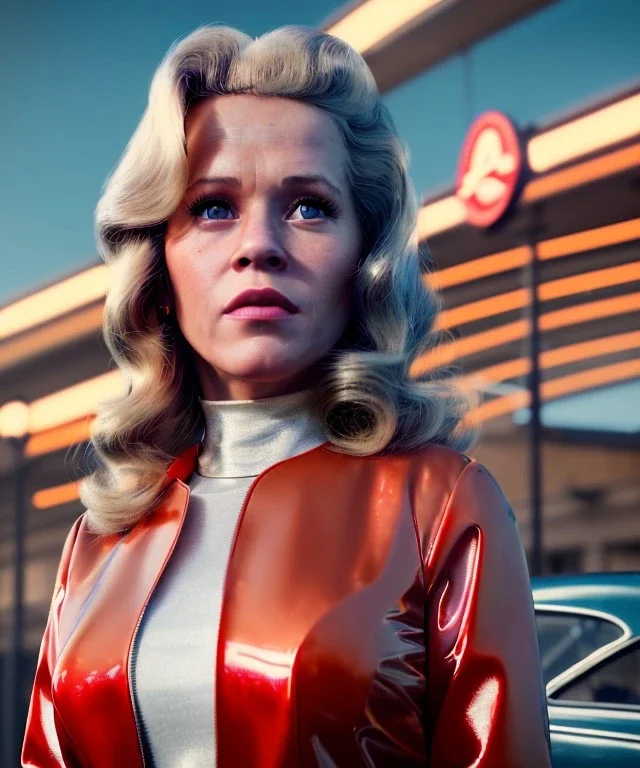 Ultra Realistic retro sci-fi movie Supermarket parking scene, 1960 year, waist up view portrait, 2 clones blonde women, sweet young Jane Fonda face, perfect iris, glow eyes, face makeup, tight latex coat. Supermarket place with people background, Retro sci-fi style, soft color, highly detailed, unreal engine 5, ray tracing, RTX, lumen lighting, ultra detail, volumetric lighting, 3d, finely drawn, high definition, high resolution.