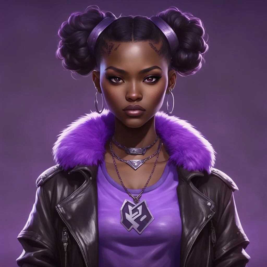 arcane tv show style, league of legends, solo, 1girl, attractive teenager, african, dark skin, dark-brown eyes, black hair, pair buns, (violet strand in forehead bang), necklace, earrings, modern makeup, (detailed skin texture), old leather jacket with violet fur collar, oversized torn t-shirt with half-erased unknown music group logo, You can see through the wide holes in the t-shirt her acid-green sport top, dark background, bokeh, cinematic atmosphere