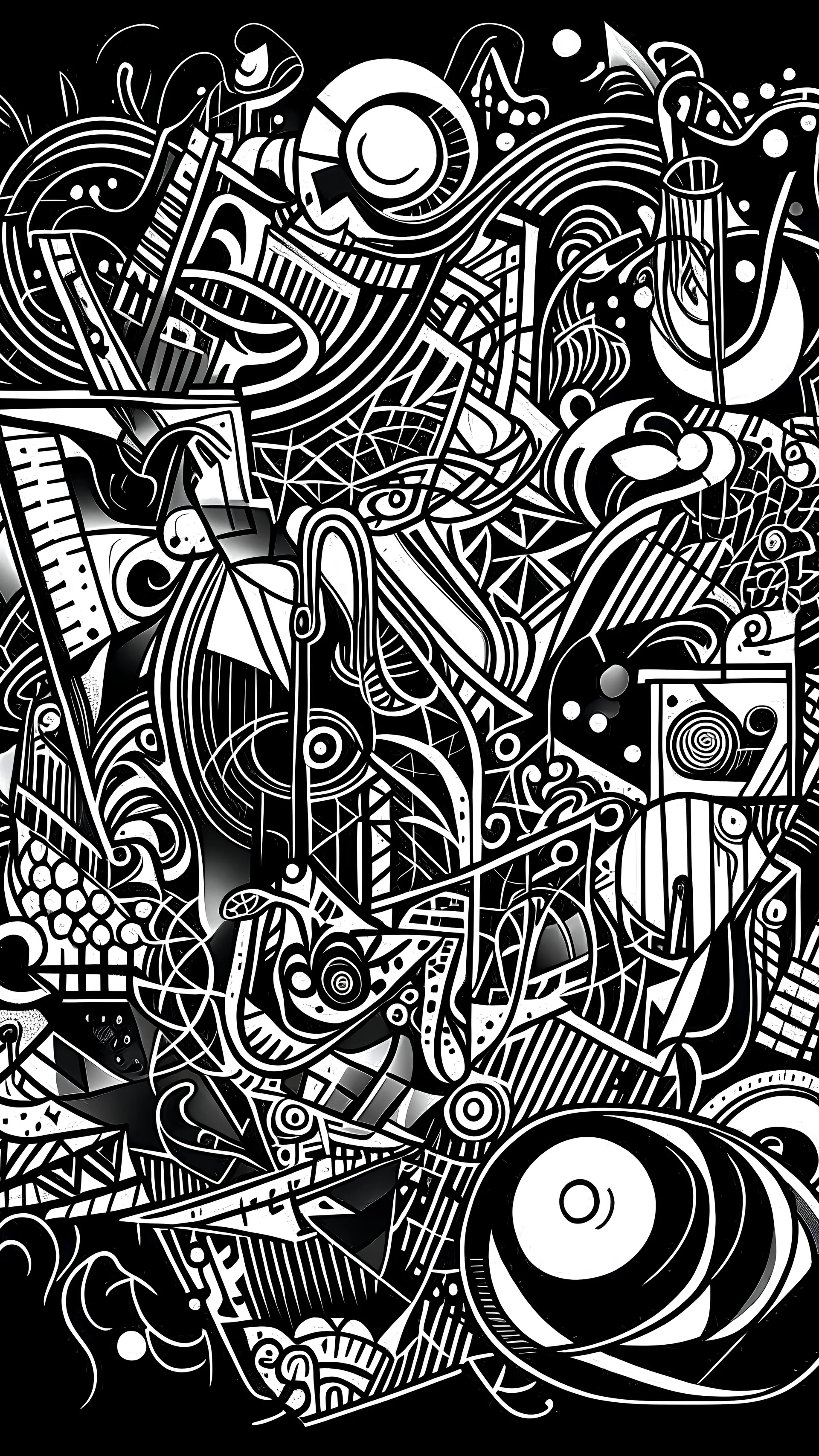 illustrate techno-strain and techno-additions in charles gibbons artist style in black doodles