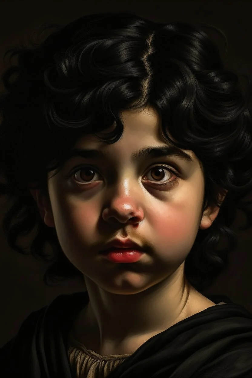 A portrait of a female halfling, dark eyes, black hair, Caravaggio style