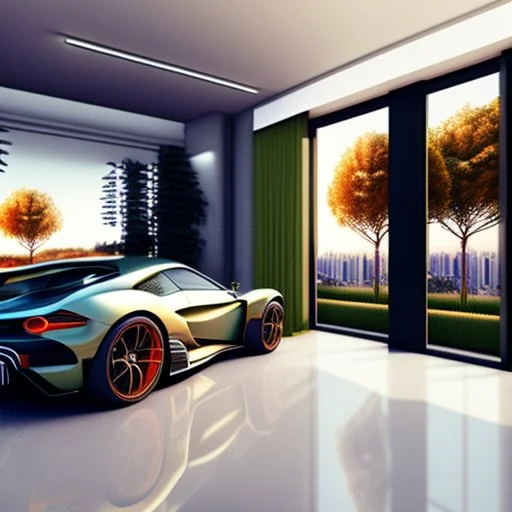 Modern apartment on the outskirts of a metropolitan city, with 2 supercars in the garage, with a beautiful background of the city, there are several trees next to it, it has a very strong impression, 3d rendering