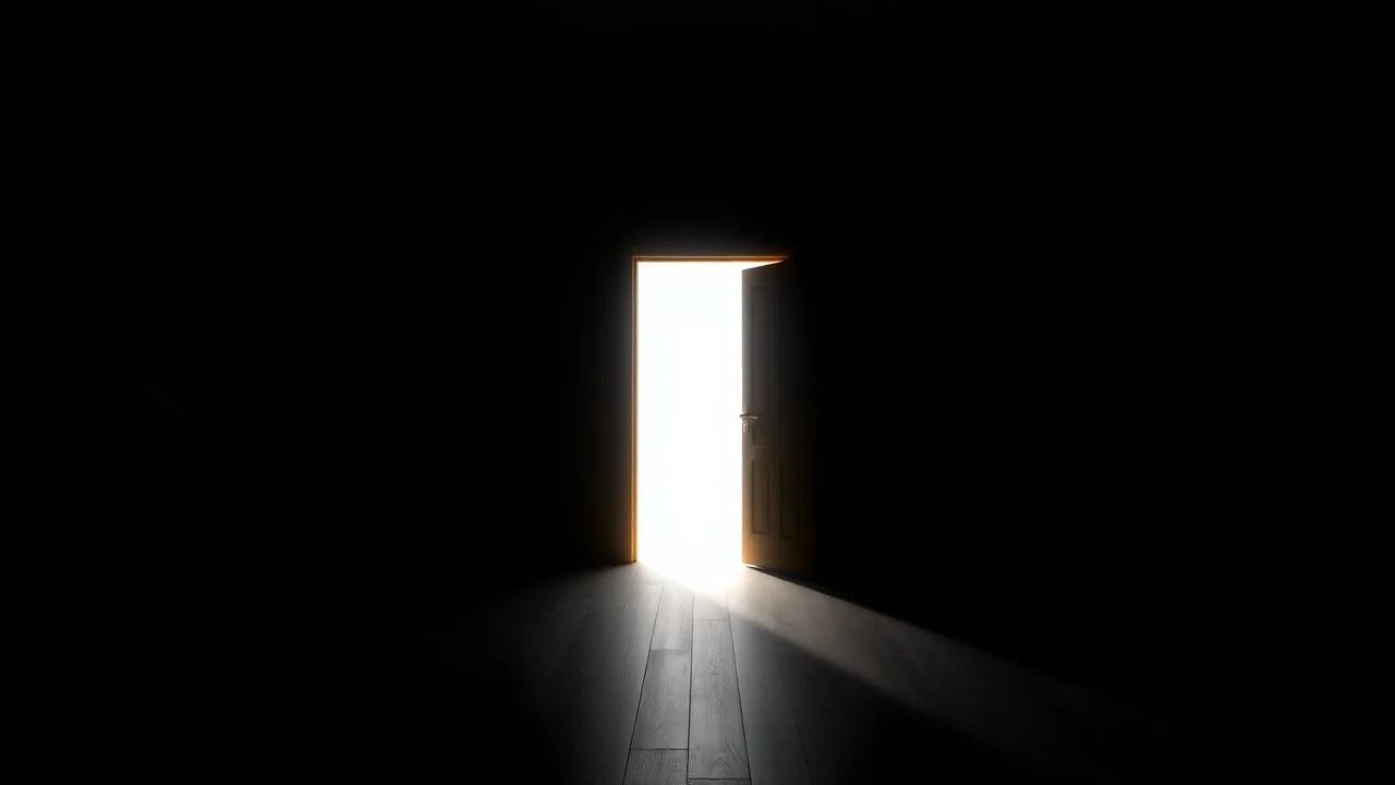 In a dark room, light streams in through an open door symbolizing new possibilities, hope, and overcoming problems.