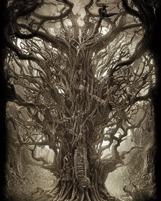 A beautiful highly detailed ancient tree with ornate intricate demon skulls grown into it, sticking out in random places, some screaming, some with glowing eyes, horrorcore made of shiny obsidian glass :: reflective, glassy :: subtractive lighting, backlit :: by John William Waterhouse, Greg Rutkowski, HR Giger :: hyperrealistic, hyper detailed, photorealistic :: epic, incredible composition, amazing depth, meticulously composed, 16k resolution concept art :: fantasy magazine cover art