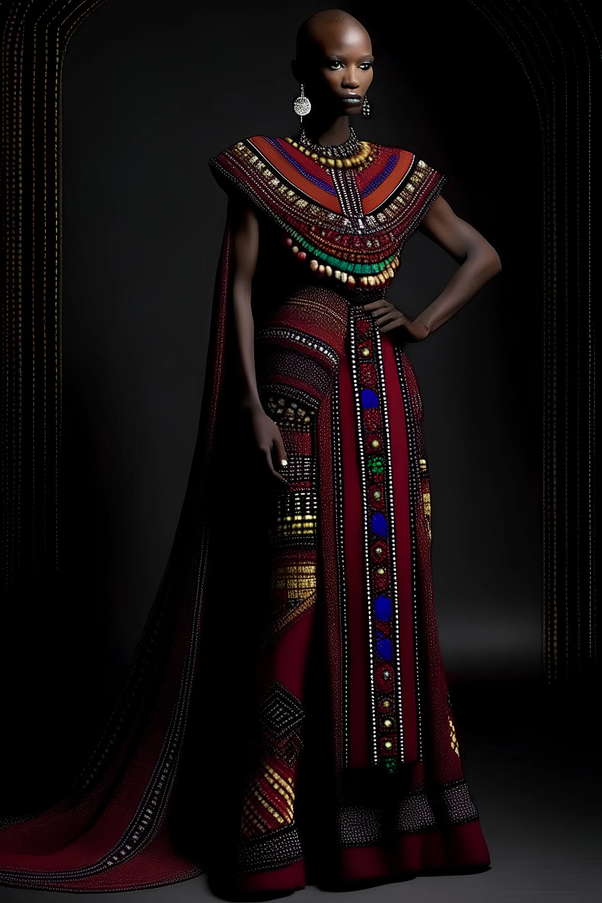 Maasai Regal Velvet Gown: Craft an opulent gown using velvet fabric, adorned with Maasai beadwork in royal colors. The combination of rich fabric and intricate bead detailing exudes luxury.