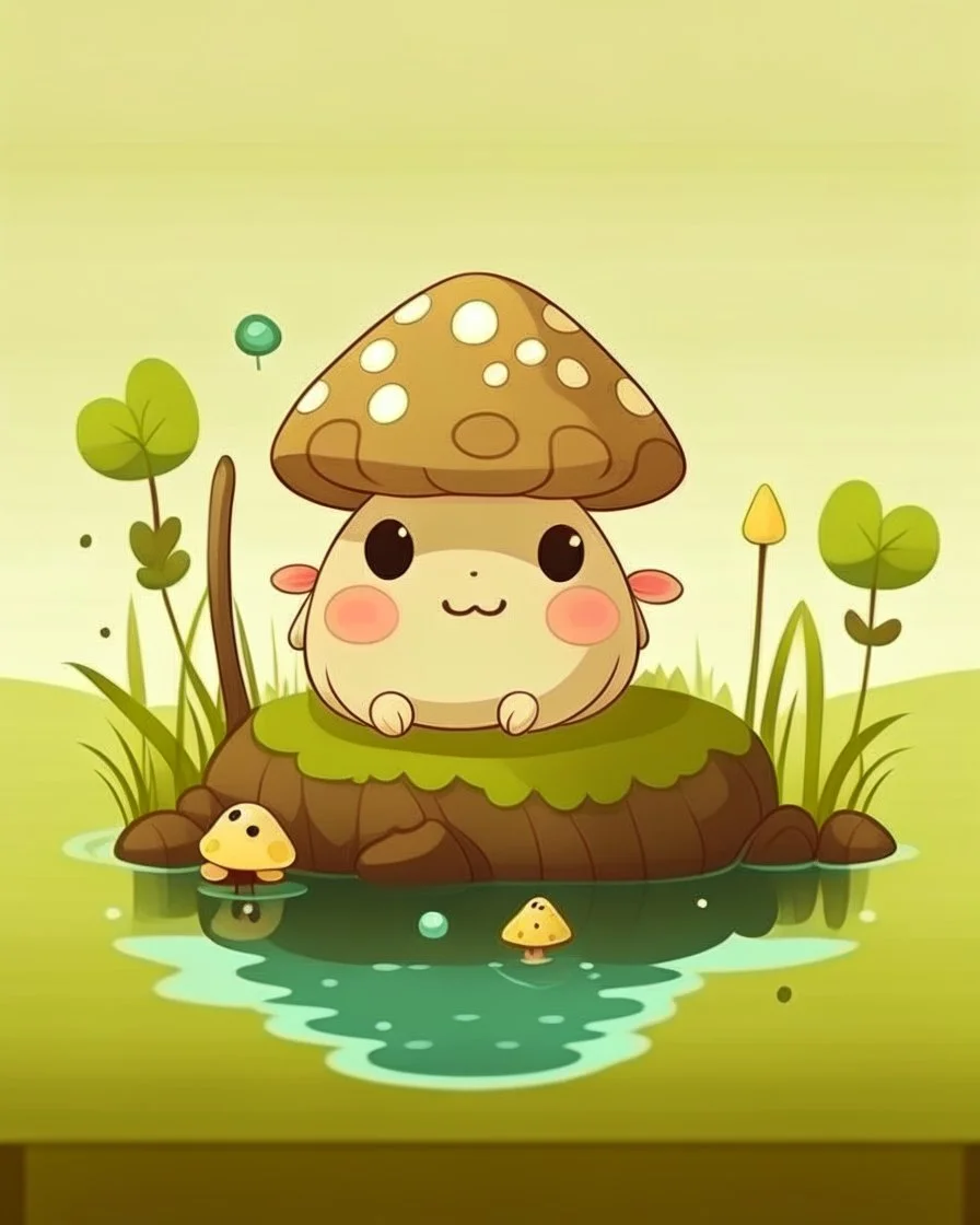 magical kawaii mushroom with a big, frowning mouth and droopy eyes, sitting on a mossy log in a quiet and peaceful forest, lost in its own thoughts, high details, forest background, cute, kawaii, style