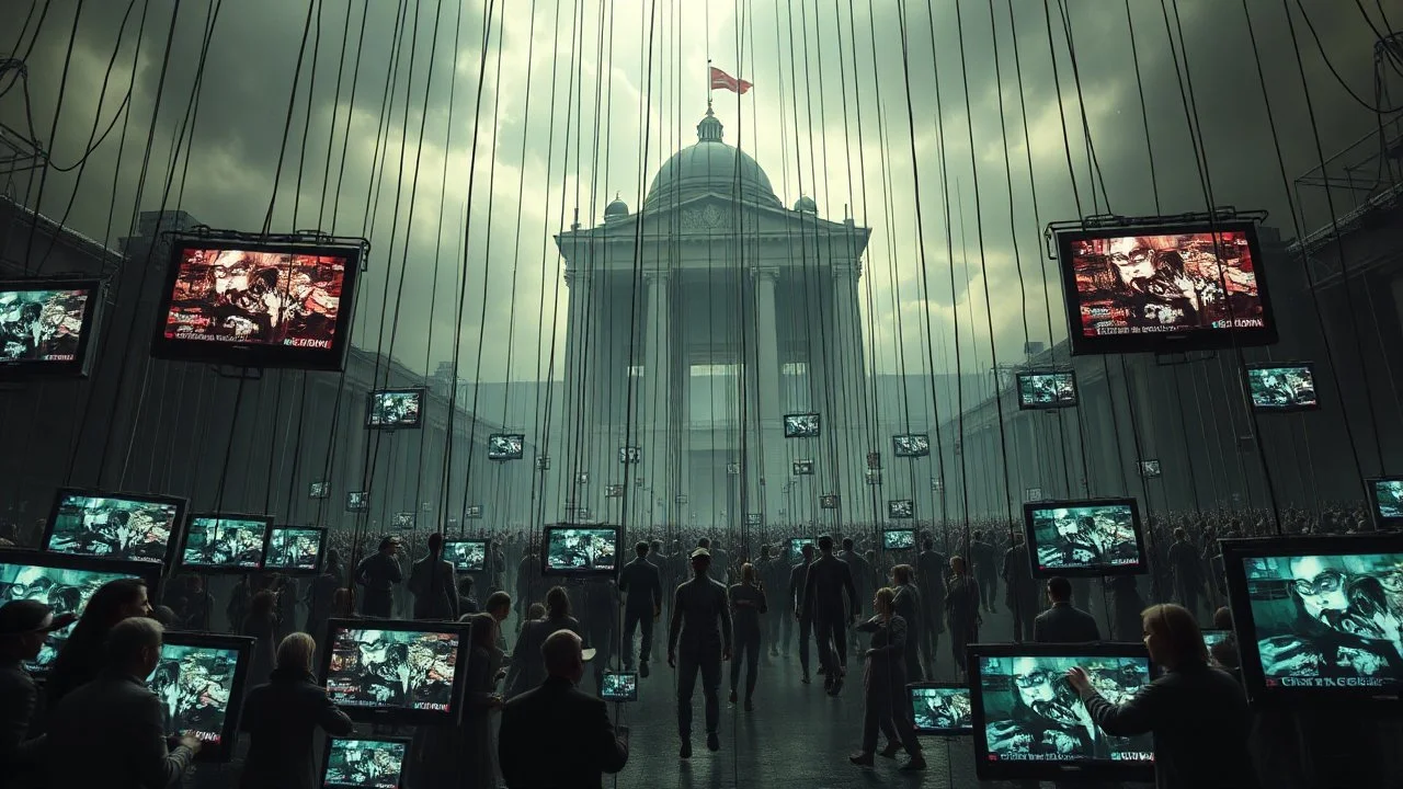 a corrupt government looms above, pulling the strings of hundreds of marionettes dangling below it, the news media broadcasts the marionettes' suffering on screens everywhere, dystopian, horror