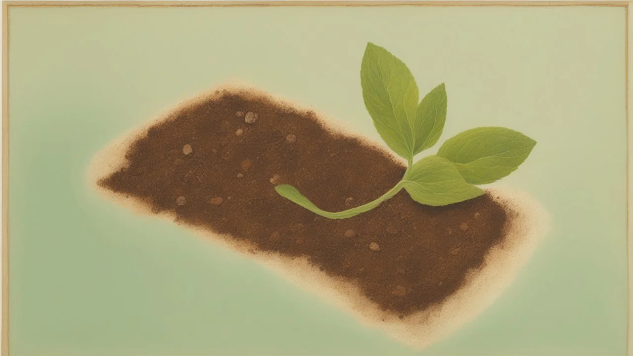 The painting shows a small mint seed buried in the ground. The artist uses brown and light green colors to depict the initial growth of the plant. The seed emerges in the nutrient soil and receives sun and water to grow.