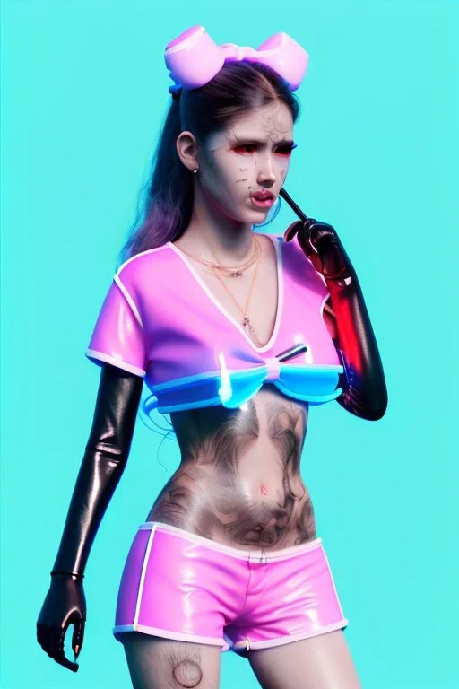 Ultra Realistic image, Rosalía artist, casual portrait, normal complexion, natural small busty, Japanese yakuza tattoo, two bows, little chopsticks hair ,black eye long liner, latex t-shirt, inflatable open coat, gold pink and blue style, spray line glow make up, geometric led jewelry, fog, hot, inflatable style latex coat, vibrant color, highly detailed, art stations, concept art, smooth, unreal engine 5, god rays, ray tracing, RTX, lumen lighting, ultra detail, volumetric lighting.