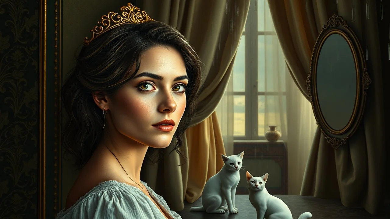 A woman portrayed whose gaze changes color depending on the angle, a carved frame that whispers ancient stories, an oval mirror where the reflection always smiles, a room that breathes gently, silk curtains that dance without wind, porcelain cats that blink when no one is looking, light that rains from an interior sky, Latin American magical realism style
