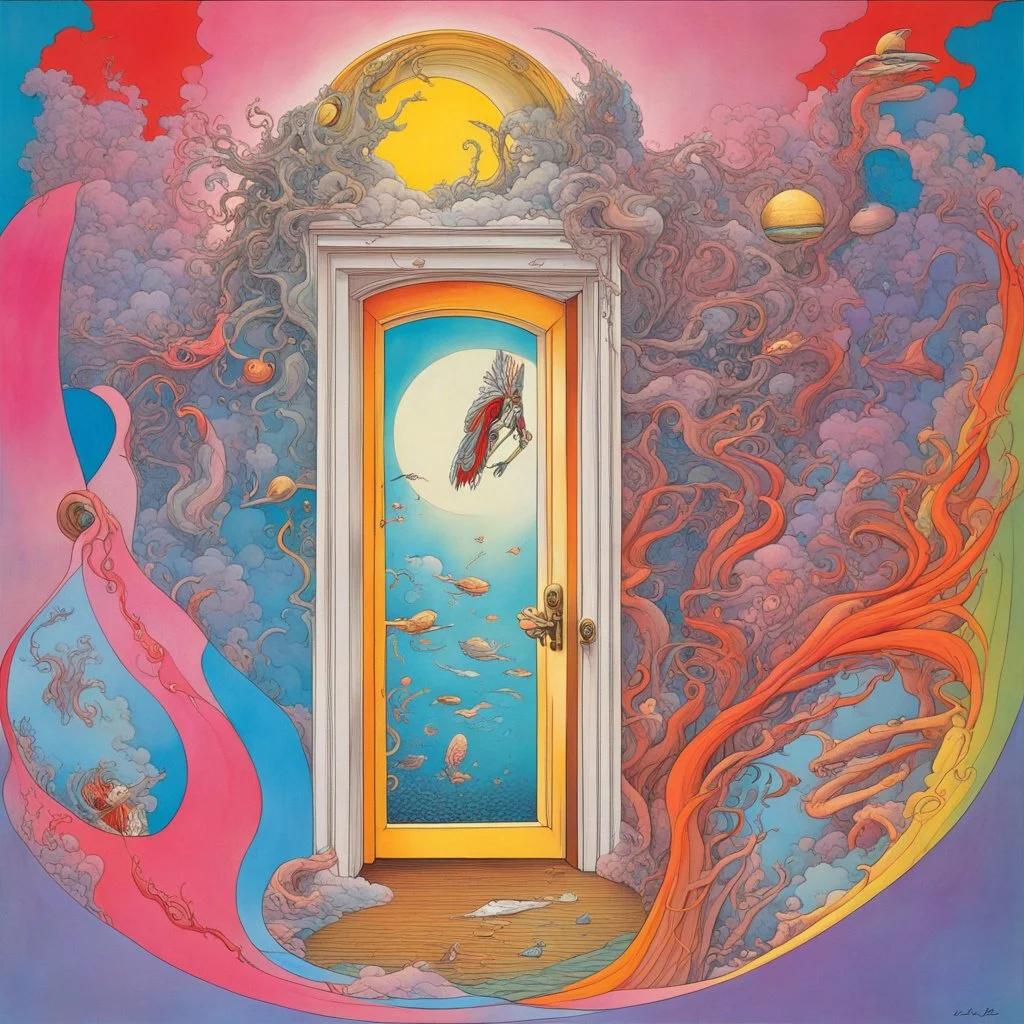 Upon this key time will slide Beyond the lock you lose your mind, as our door becomes open A rush of sound is found inside Creating dreams that pass you by, insanely artistic album cover art, maximalist dreamscape surrealism, by Gerald Scarfe, by George Hardie, style of Hipgnosis studio, smooth, fine details, vibrant colors, "Tangerene Dream" band, "bent cold sidewalk" song.