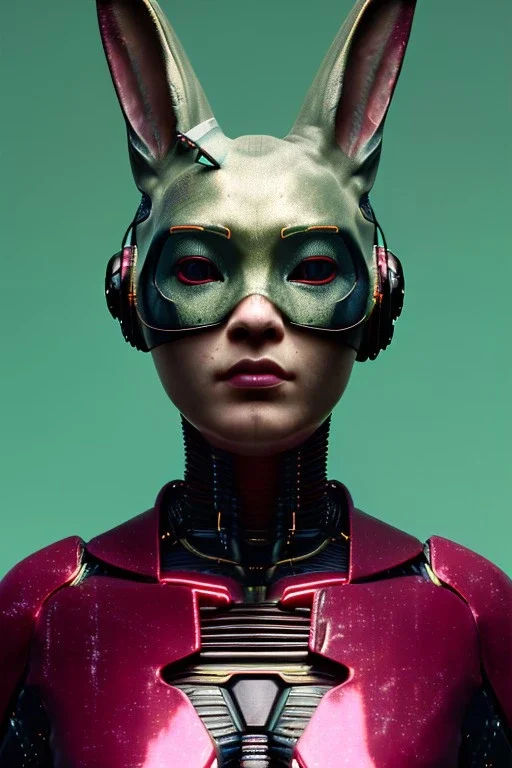 Medium Close Up Portrait, Front image. cyberpunk, rabbit mask, Asian woman, pink short hair. latex coat. Red, black, gold, color. Ghost in the shell style. Color background, photo studio. Avatar image, highly detailed, concept art, smooth, unreal engine 5, god rays, ray tracing, RTX, lumen lighting, ultra detail, volumetric lighting, 3d, finely drawn, high definition, high resolution.