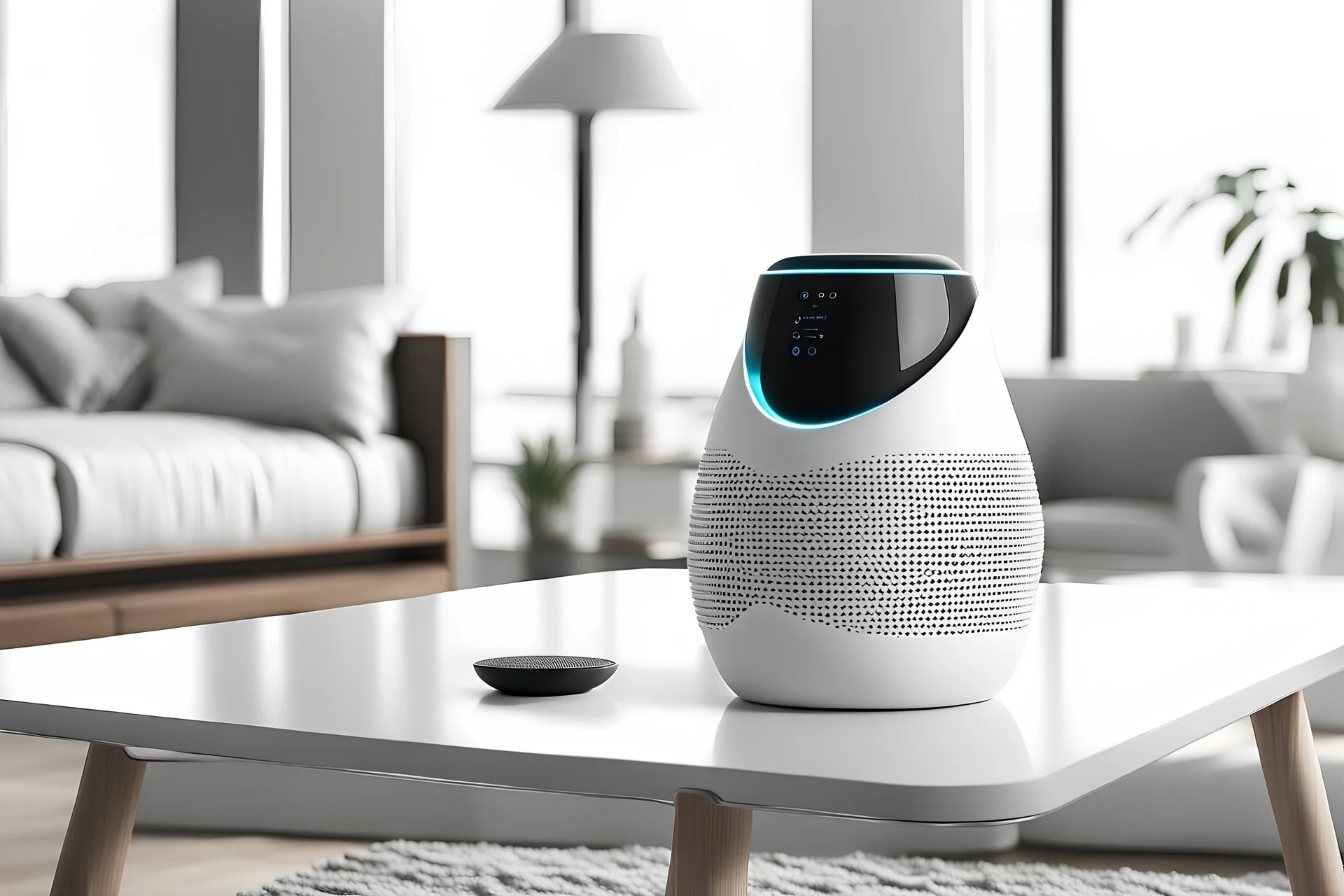 Design a futuristic smart speaker that seamlessly blends with modern home decor while delivering next-level audio quality.