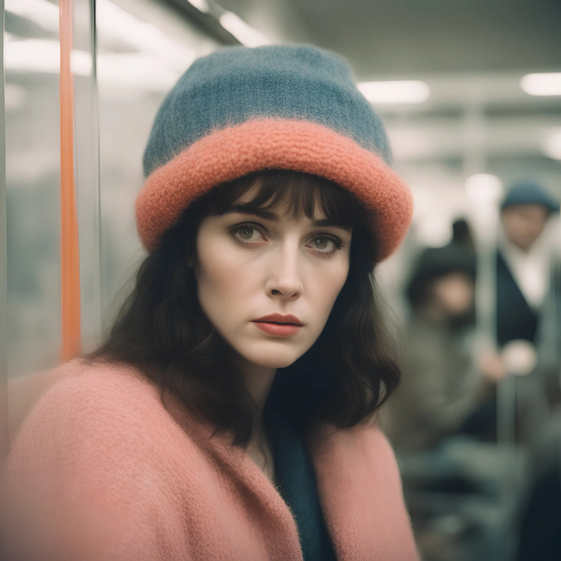 Isabelle adjani, sad,in the metro in the style of a polaroid,, pink,orange, with a knitted hat